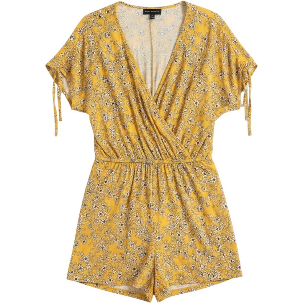 Lane Bryant Floral Wrap Romper Women 22/24 3X XXL Yellow Pockets Rayon Spandex